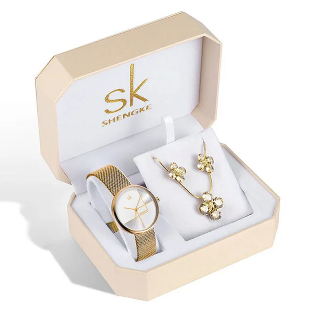 

Shengke SK Ladies Fashion Wrist Watch set Rose Gold Bracelet Watches Reloj Mujer Luxury Steel Quartz Watch set For Women #K0105