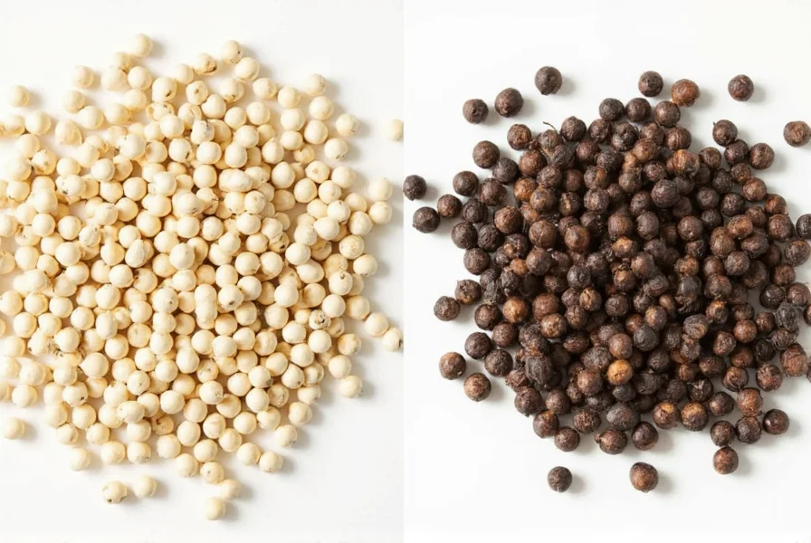 Close-up comparison of white and black peppercorns showing color and texture differences between the two pepper varieties