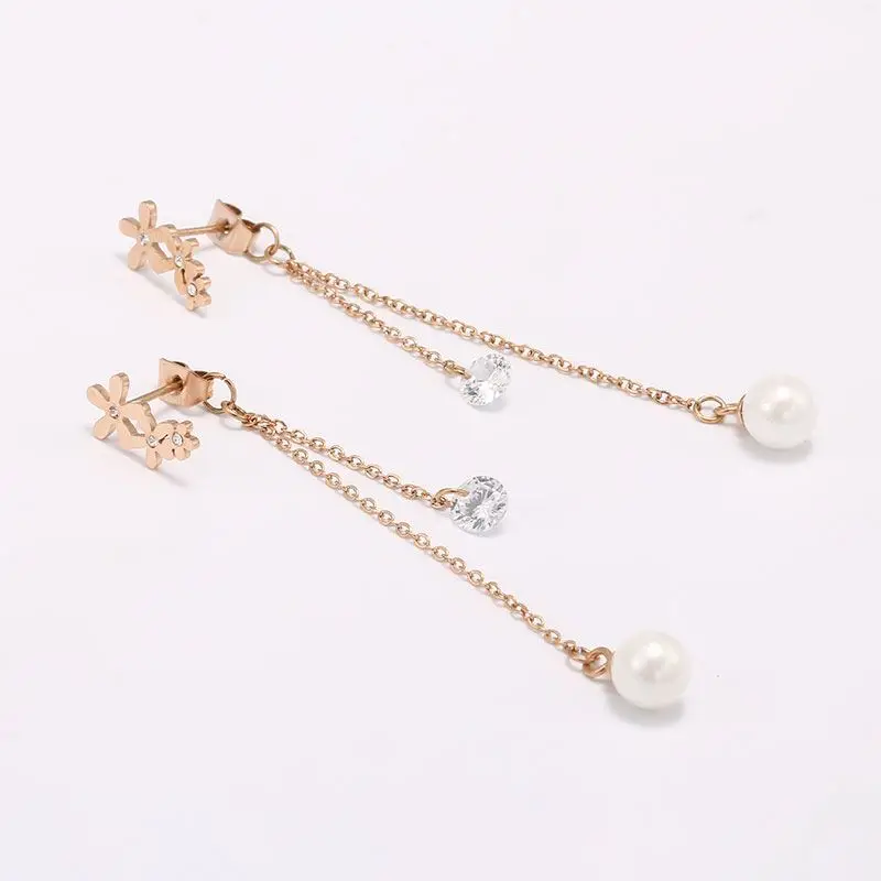 

Non Tarnish Rose Gold Plated Women's Fashion Stainless Steel Flower Shaped Pearl Zircon Pendant Earrings