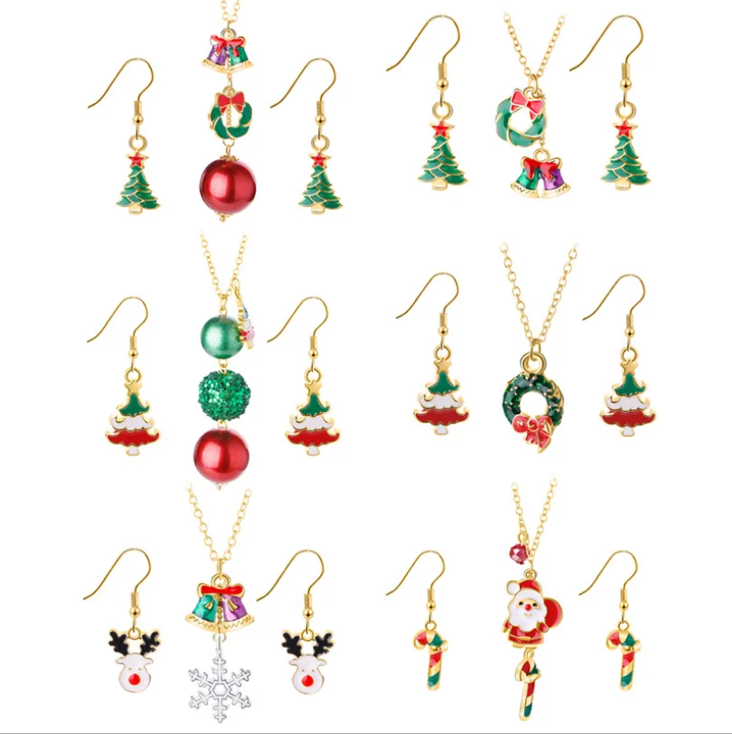 

Fashion Xmas Gift Colorful Enamel Christmas Tree Bell Santa Claus Stockings Pendant Earrings Necklace Set