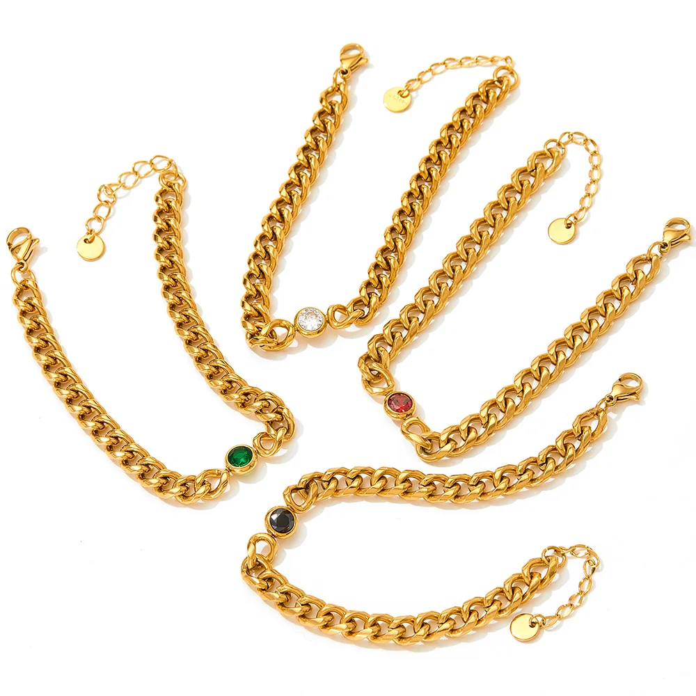 

Tarnish Free 18k Gold Plated Cuban Chain Choker Necklace Stainless Steel Gemstone Charm Bracelet