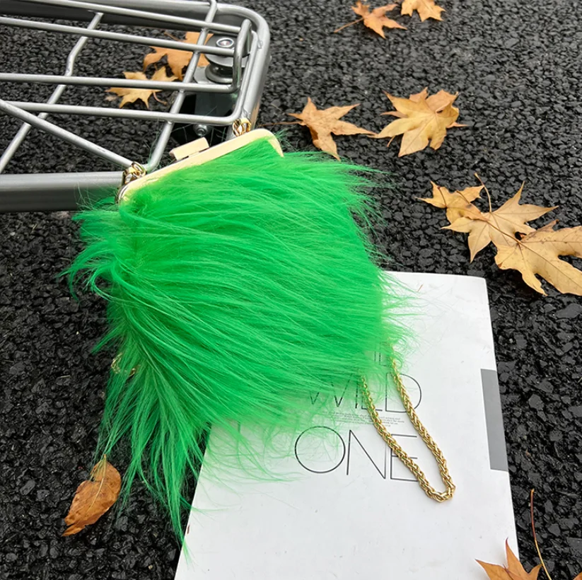 

2022 fashion cute feather faux fur bag ,bright neon color trendy women ladies bag, 5 colors