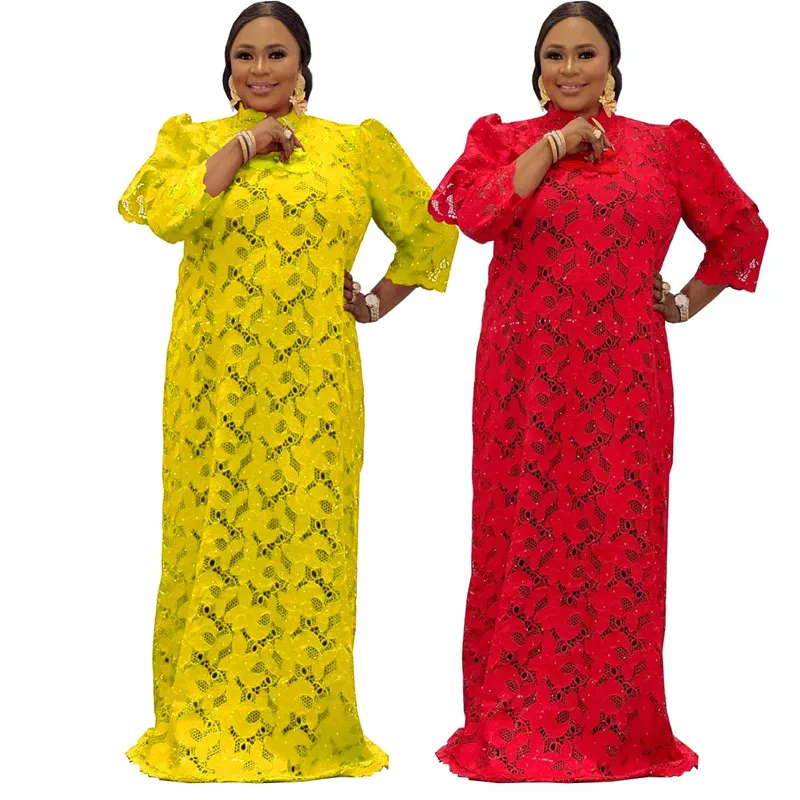 

2021 New Fashion African Lace Dresses For Women Dashiki Lace Boubou Casual Solid Color Bazin Riche Africa Party Maxi Dress, Picture shown