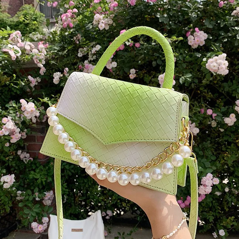 

FANLOSN Gradient Color Woven Pattern Pearl Handl Leather Bag Ladies Womens Clutch Purses Bolsos Handbag, As the picture shown or you could customize the color you want