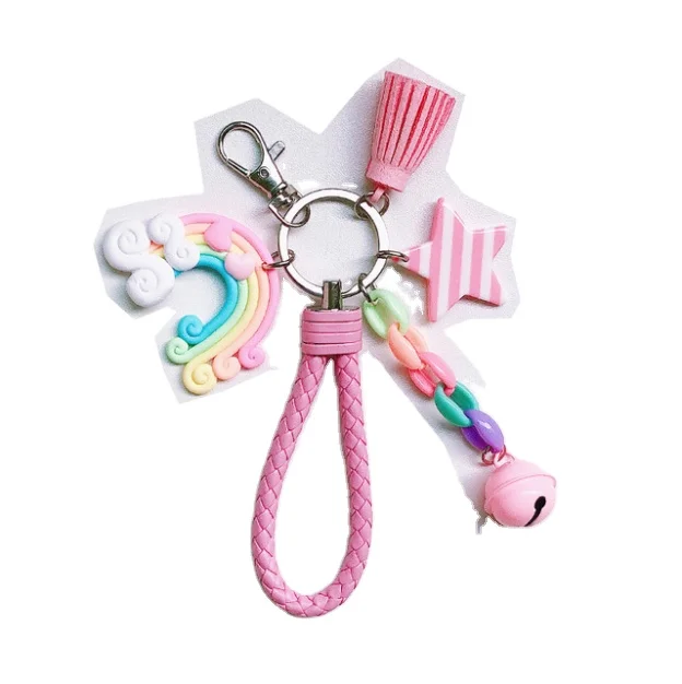 

factory direct sales Cute rainbow key chain belt braided rope tassel woman girl bell star lollipop bag TP-22009