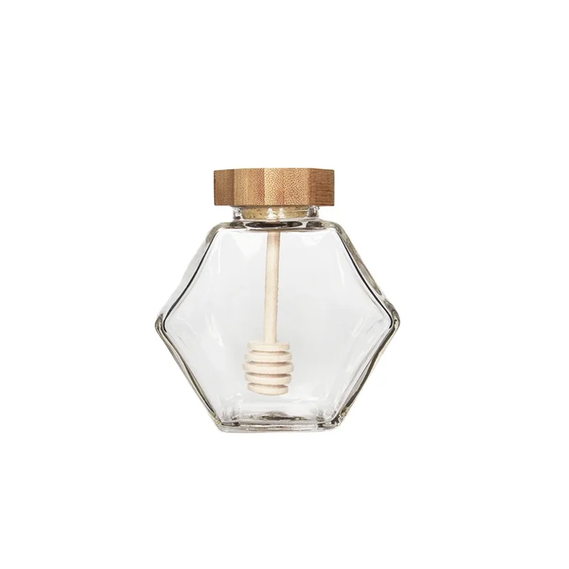

100ml glass jar honey mini honey jars glass hexagonal seal designed storage container jars with wood bamboo lid, Transparent