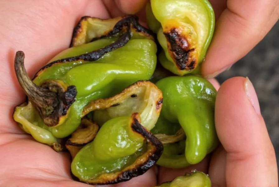 Close-up of roasted Hatch chile peppers with charred skins being peeled by hand, showing the vibrant green flesh underneath