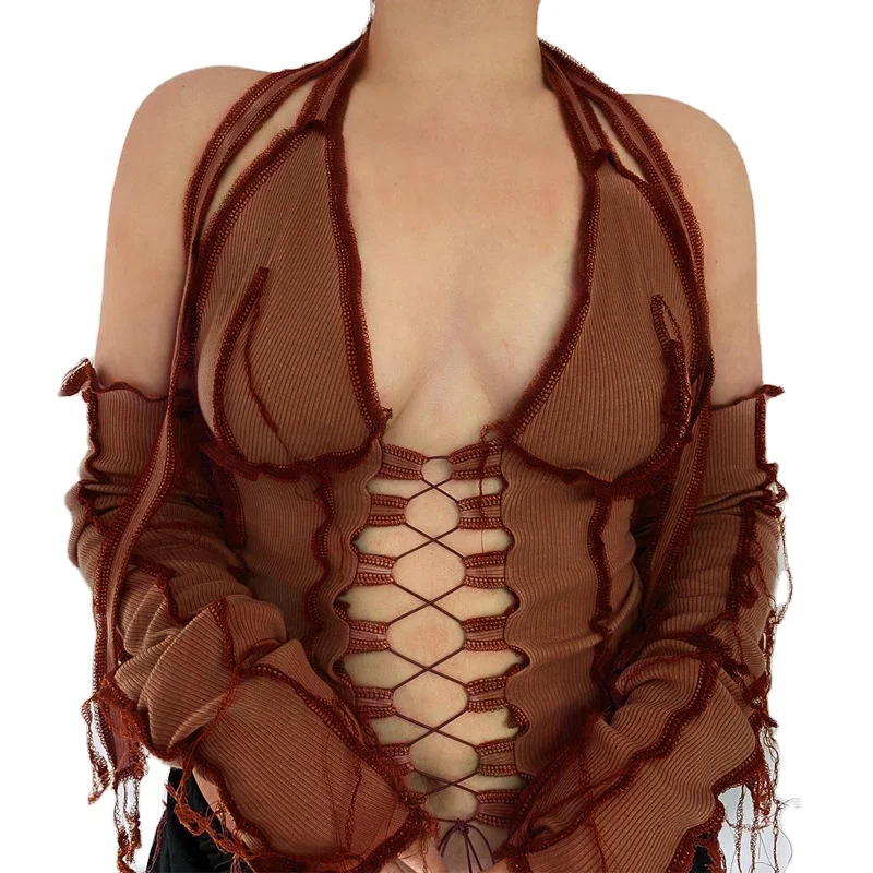 

Spring 2021 wholesale new hollow out long sleeved T shirt with neck tie