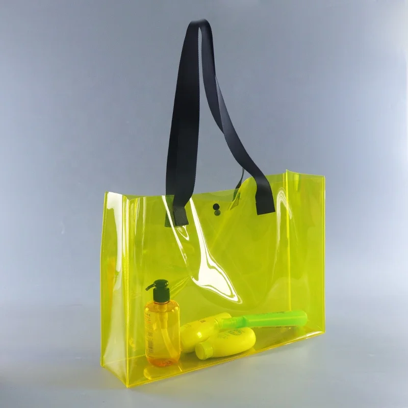 

custom transparent PVC shopping bag reusable fashion glittering pvc tote bags, Yellow.