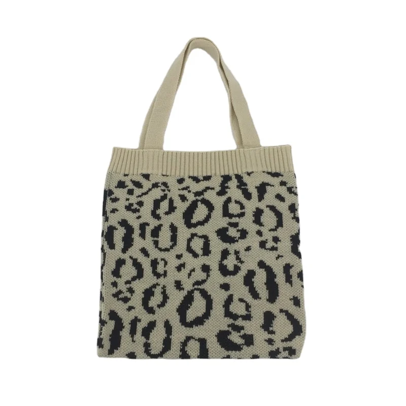 

Fashion Ladies Handbag Wool Knitting With Leopard Pattern Shopper Tote Bag