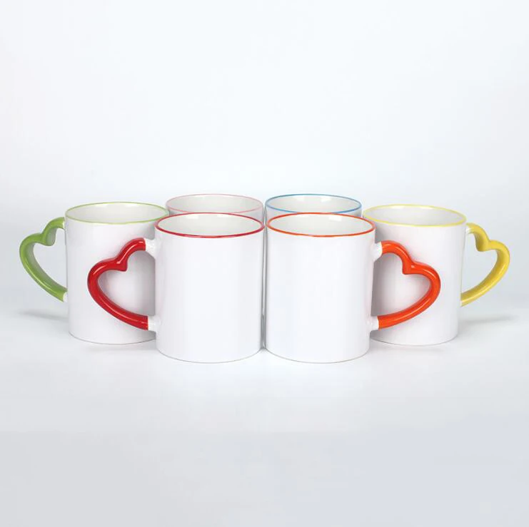 

11 Oz Heart Rim Color Handle Sublimation Blank Ceramic Coffee Mug/Cup For Promotion Gifts