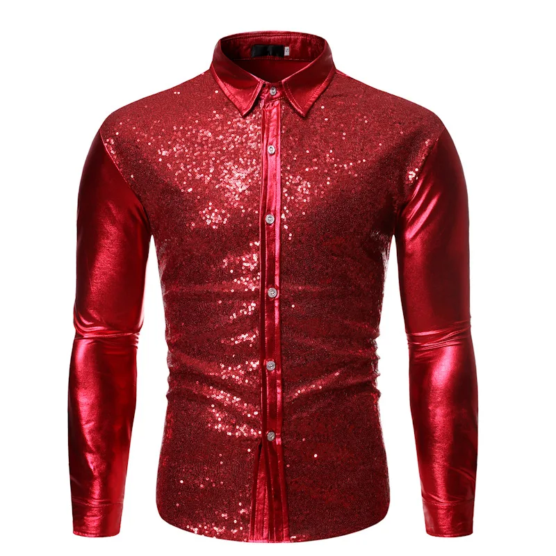 Sequin Glitter Men's Shirts Long Sleeve Shiny Disco Party Shirt Men Top ...