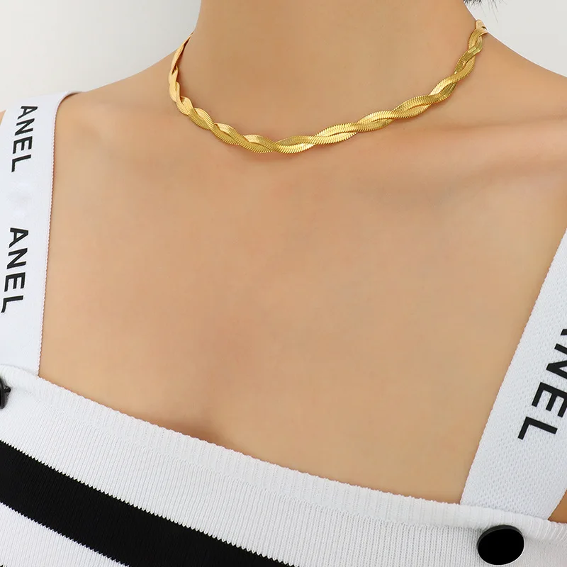 

Womens Waterproof Stainless Steel Jewelry PVD 18K Gold Plated Twisted Double Layer Herringbone Chain Snake Choker Necklace