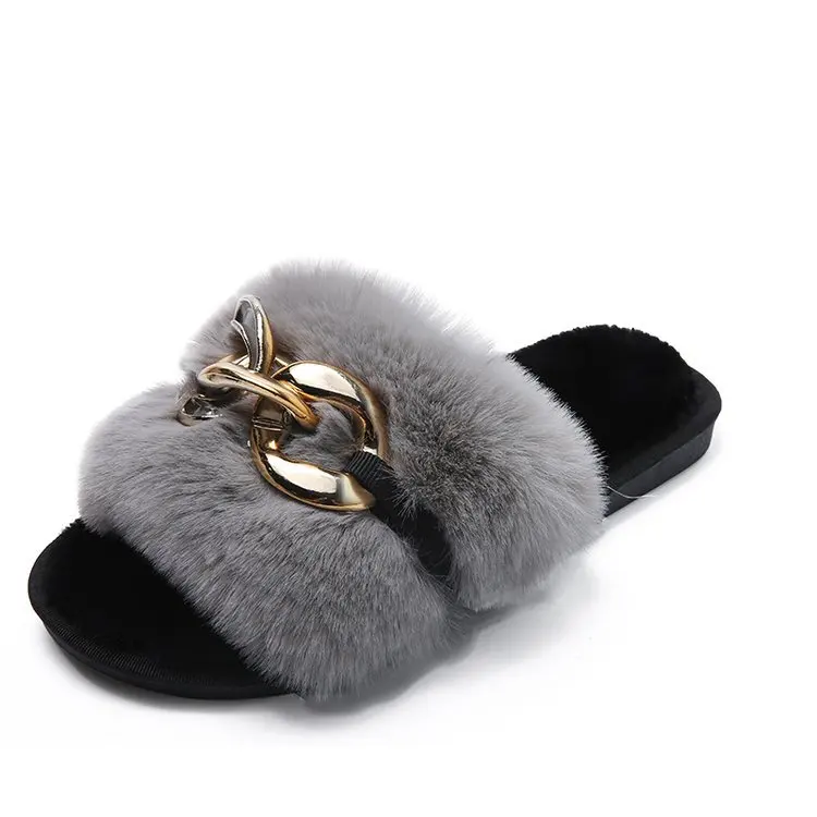 

Fashion Metal Chain Sequins Luxury Fur Slippers Soft Warm Shoes fuzzy Indoor Laides Winter Slipper For Women fuzzy slippers