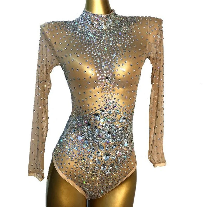 

Bright Rhinestones Crystals Mesh Outfit Bodysuit Evening Birthday Party Transparent Leotard Nightclub Singer Dance stage costume