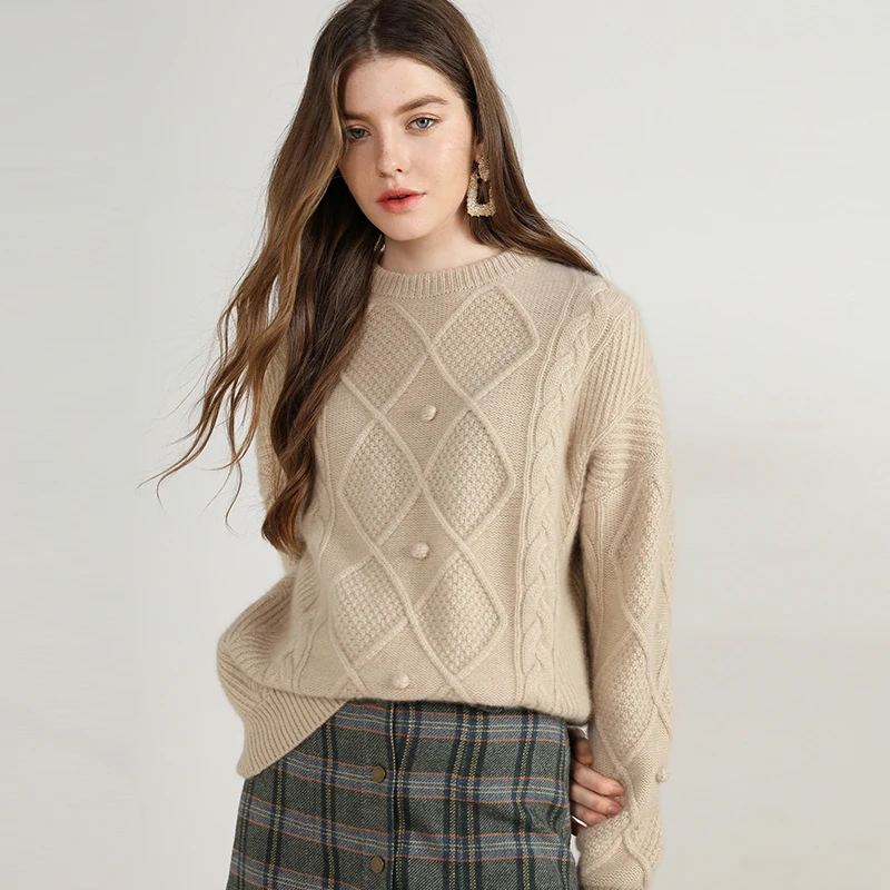 

china wholesale cable Knit real cashmere wool sweaters with pom pom, As your requirement