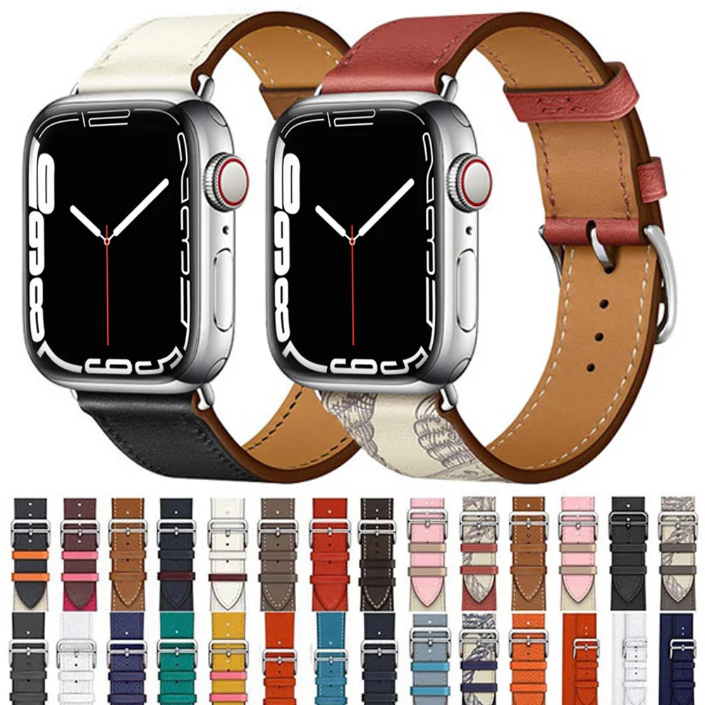

Genuine Leather Loop Band for Apple watch band 45mm 41mm 44mm 40mm 42mm 38mm bands for iwatch series 7 6 SE 5 4 3 2 1, Multi-color optional or customized