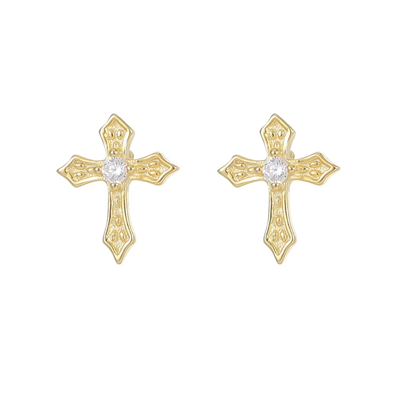 Fashion Minimalist Jewelry 925 Sterling Silver Small Cross Zircon Earring Gold Plated Stud Earrings for Women
