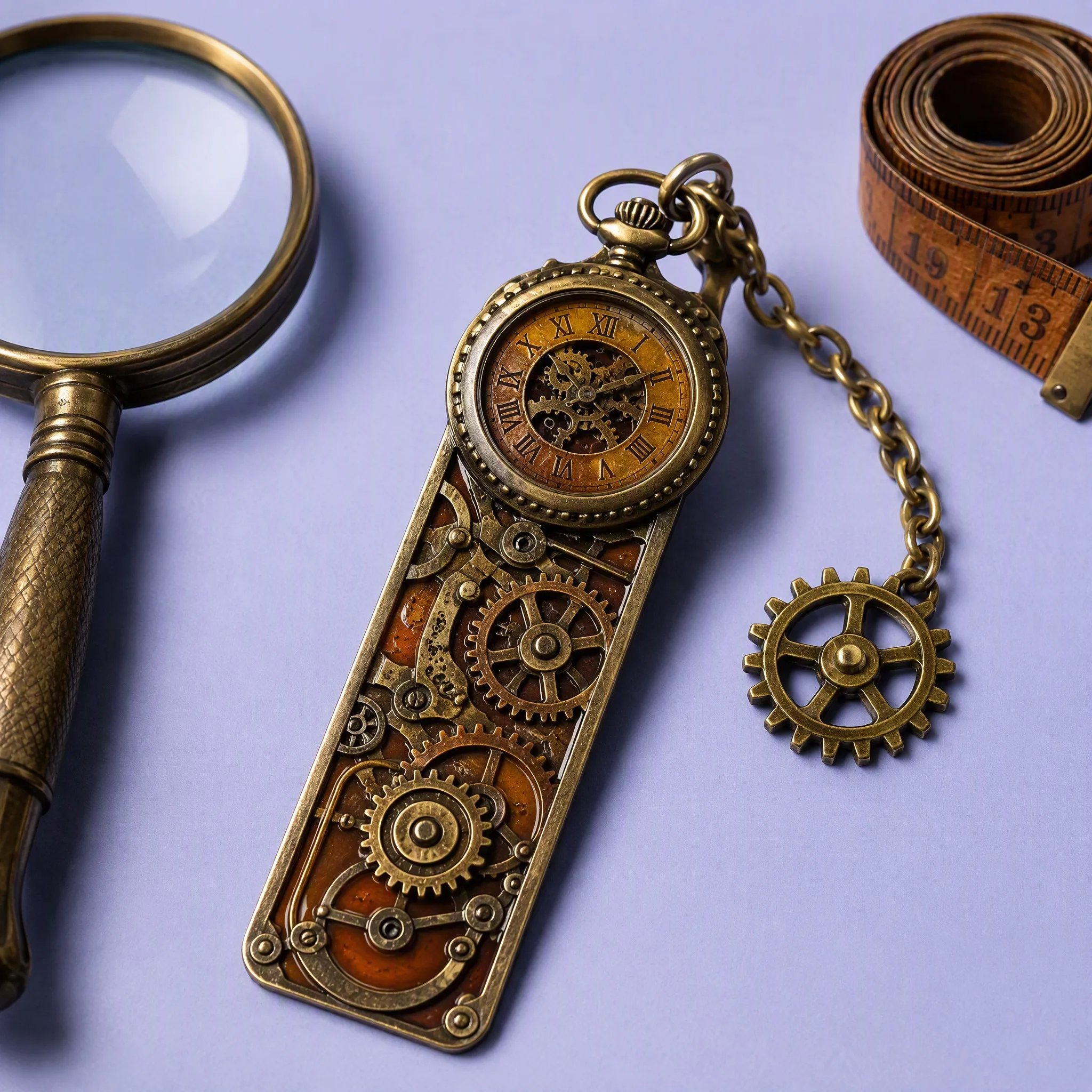 Custom 3D Steampunk Clockwork Gears Antique Brass Bookmark with Mini Gear Charm