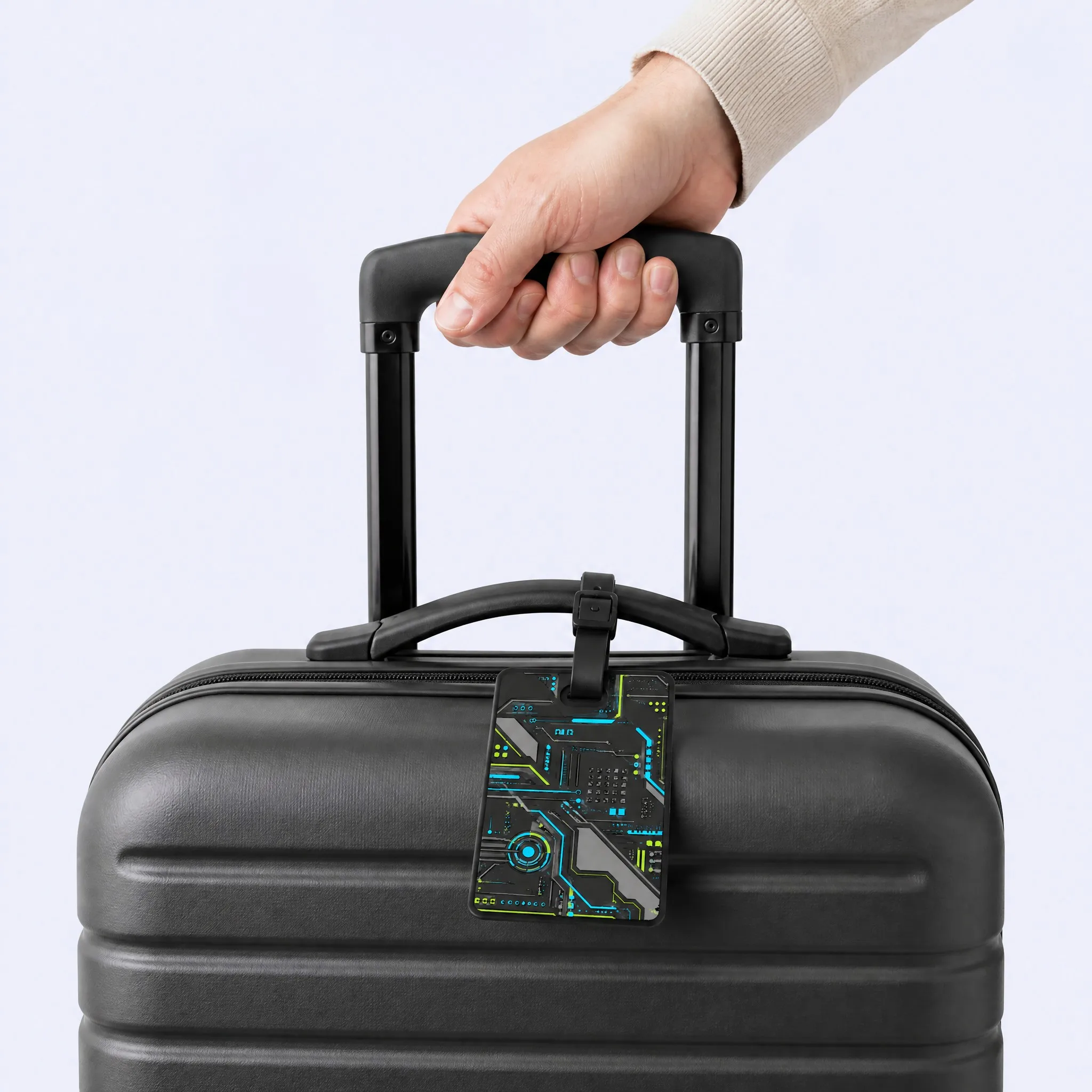 Custom 3D Soft PVC Cyberpunk Luggage Tag Installed on Dark Grey Suitcase Handle Model Lifestyle