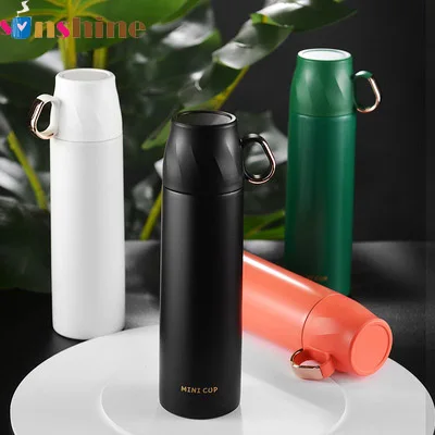 

custom logo promotion 350ml 500ml double wall vacuum thermos flask stainless steel insulated recycled water bottle with cup, White,black,orange,green