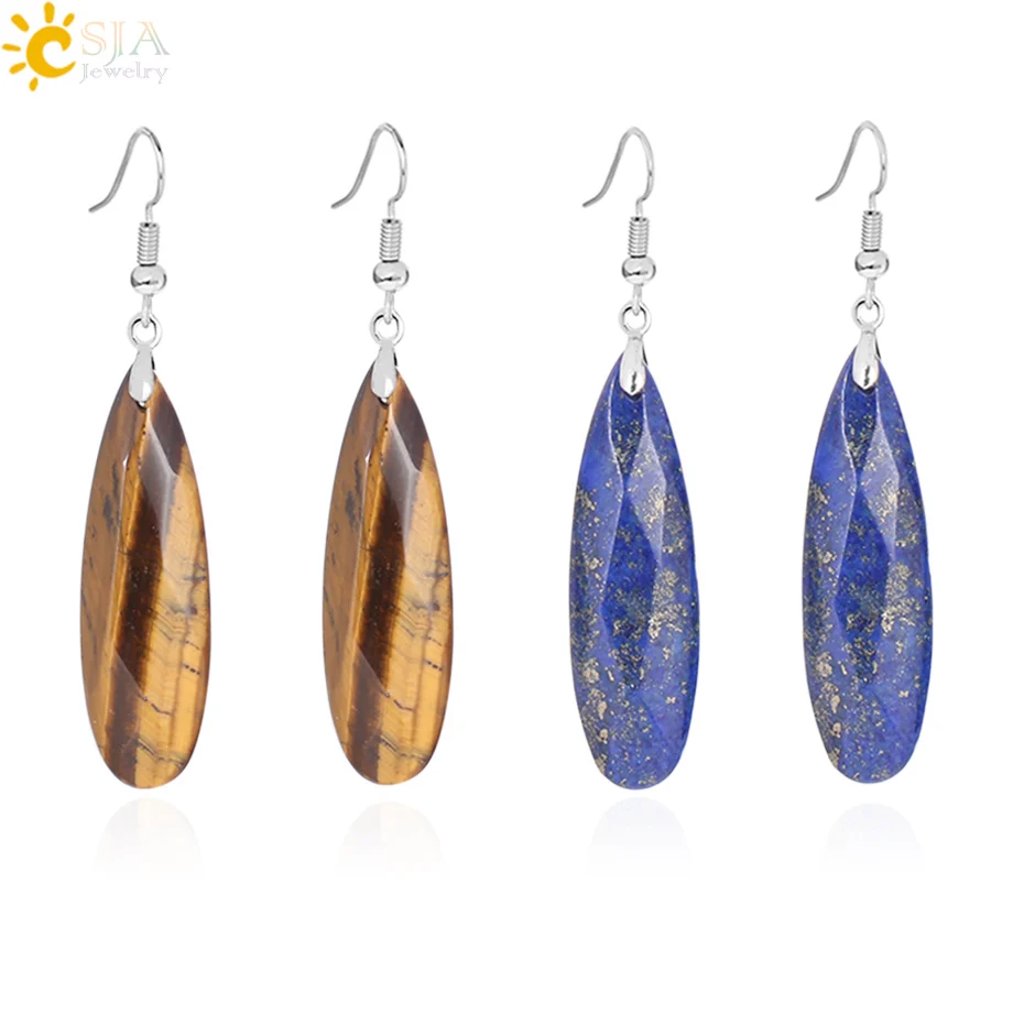 

CSJA 2020 new natural tiger eye lapis crystal stone teardrop shape dangle fish hook earrings jewelry F354