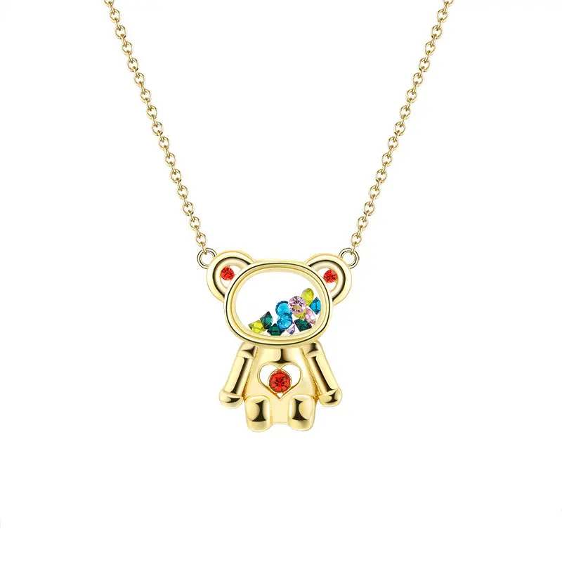 

RINNTIN EQN19 Cute Charm Bear Necklace with Movable Suspension CZs inside Glass 925 silver 14k gold plated Necklace
