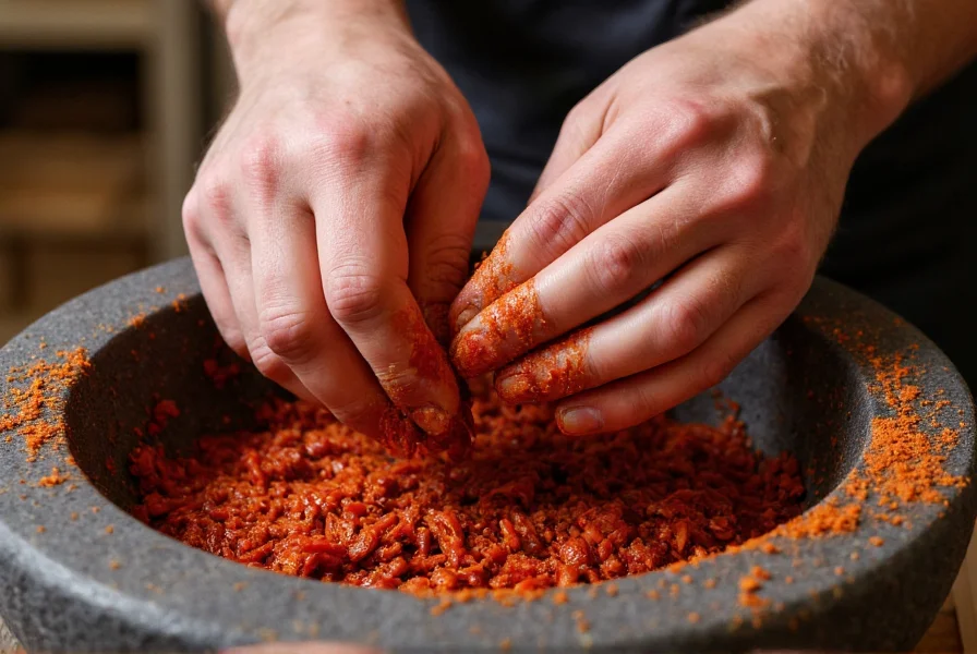 Mains de chef écrasant des piments réhydratés dans un molcajete traditionnel