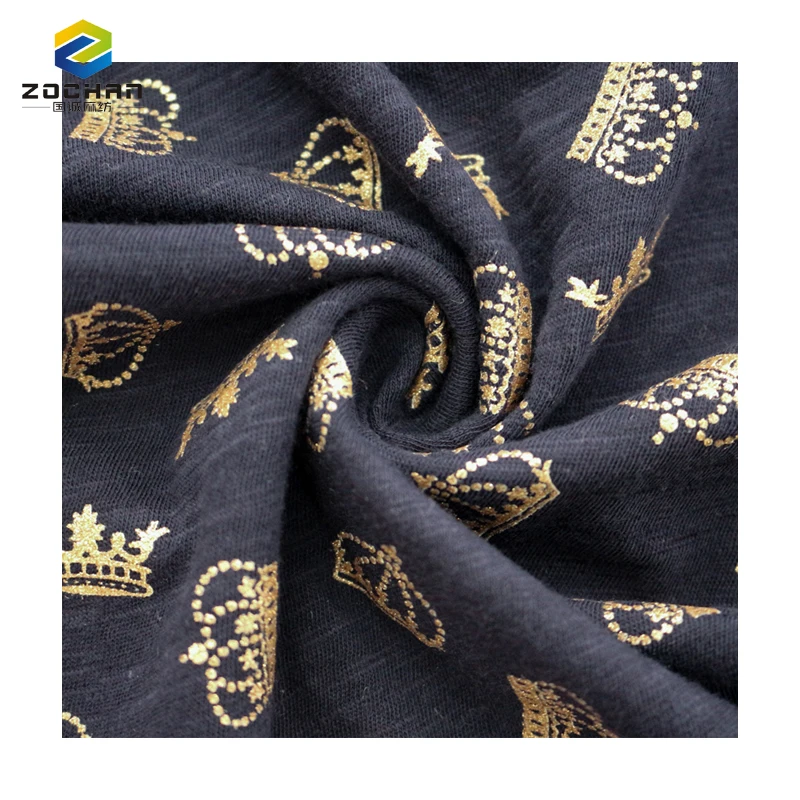 

in stock 135gsm 100% cotton slub foil printed jersey Breathable knitted fabric for Garment t shirt