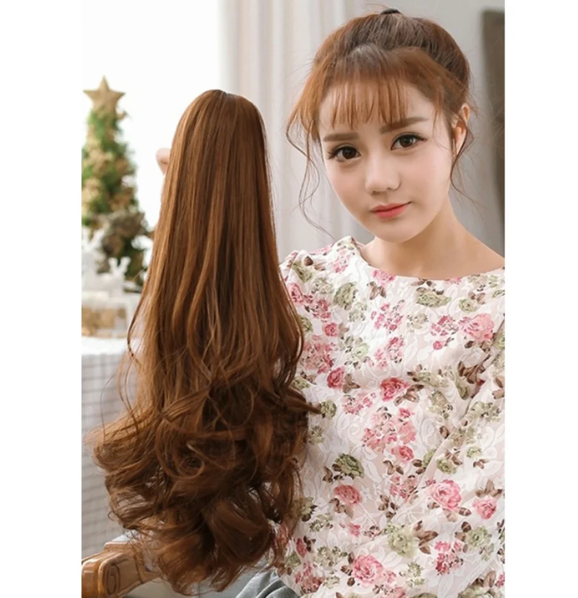 

girl's wig woman's hair hat accessories wig hair piece Horse tail long curly hair pear flower horse tail tiger mouth grip seamle