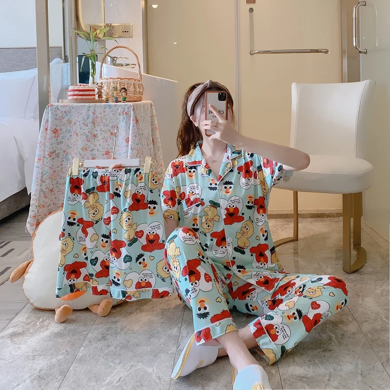 

Autumn Hot Sales Pajamas Women Lapel Long Sleeve Pants Shorst 3pcs Sets Sleepwear Korean Cartoons Leisure Home Wear For Women, As picture show