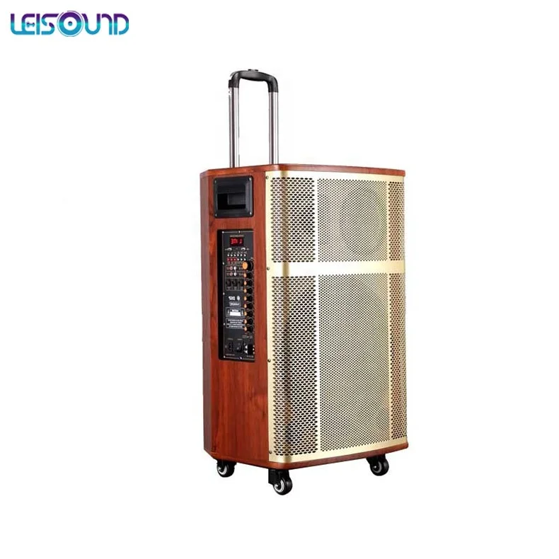 

LEISOUND 15Inch Fashionable Waterproof Party Portable Rechargeable BT DJ Trolley Speaker with Wired Mic, Wood color sliver