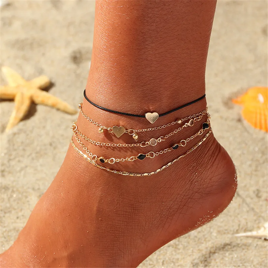 

5Pcs/Set Boho Vintage Metal Heart Ankle Bracelets for Women Simple Heart Love Anklets Beach Charm Accessories Leg Foot Jewelry, As shown