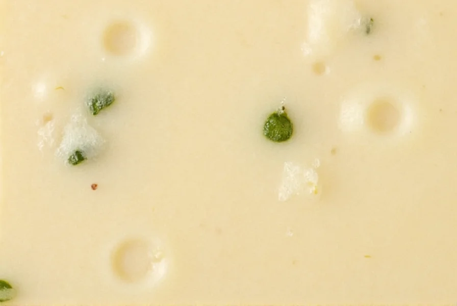 Close-up of Pepper Jack cheese showing visible jalapeño flecks in creamy white cheese