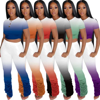

New Explosive Classic Casual Solid Color Gradient Short-sleeved Trousers Two Piece Outfits For Women