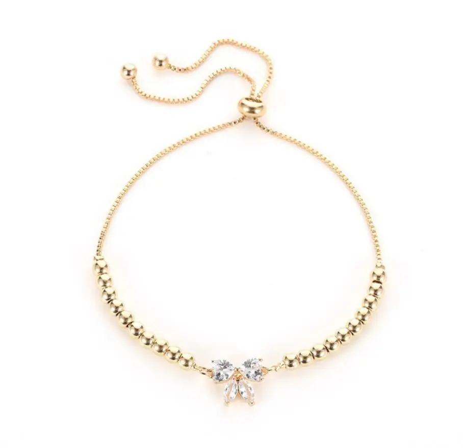 

Korean fashion Zircon Bowknot Adjustable Beaded Silver Gold Plated Charm Chain Anklet Bracelet