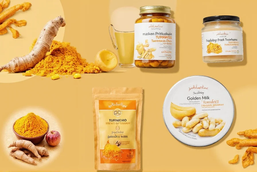 Various turmeric-based products including fresh root, powder, capsules, and golden milk