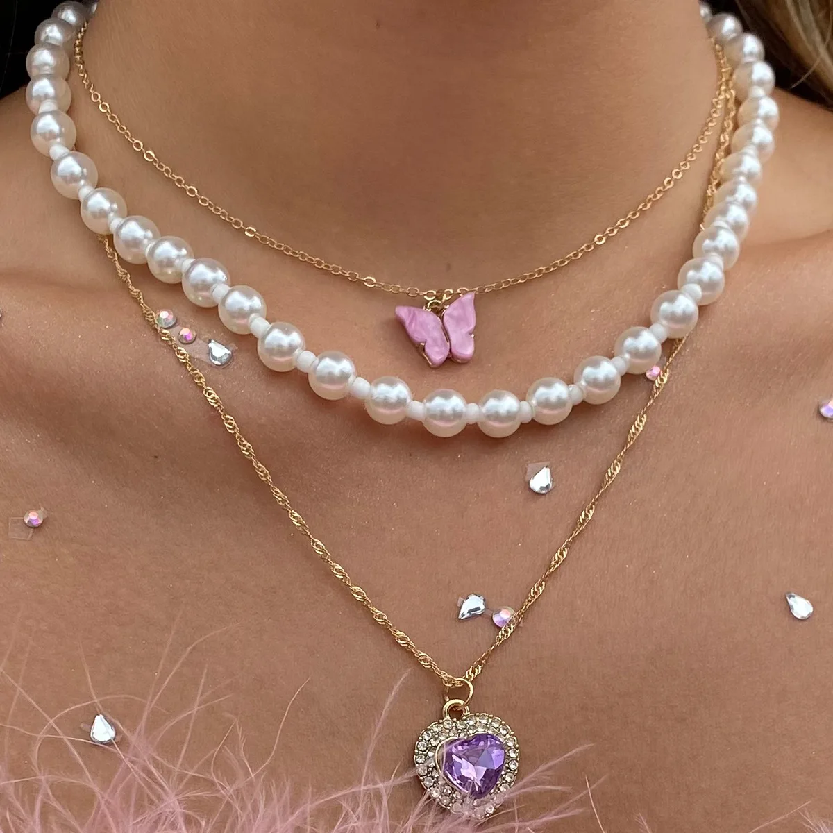 

hip hop gold plated multilayered diamond heart pearl butterfly necklace set for woman, As picture
