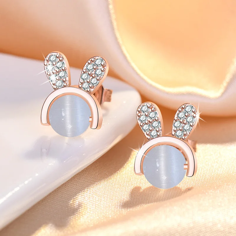 

2023 GT Fashion Simple Round Opal Earrings Cute Rabbit Ears Cubic Zircon Stud Earrings For Women Jewelry