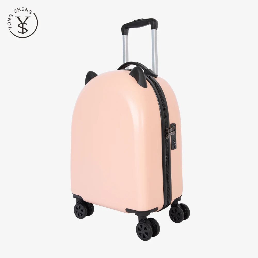 

Lightweight high quality cartoon trolley roller luggage trendy pink Safe plastic kids suitcase koffer with two black cat ear