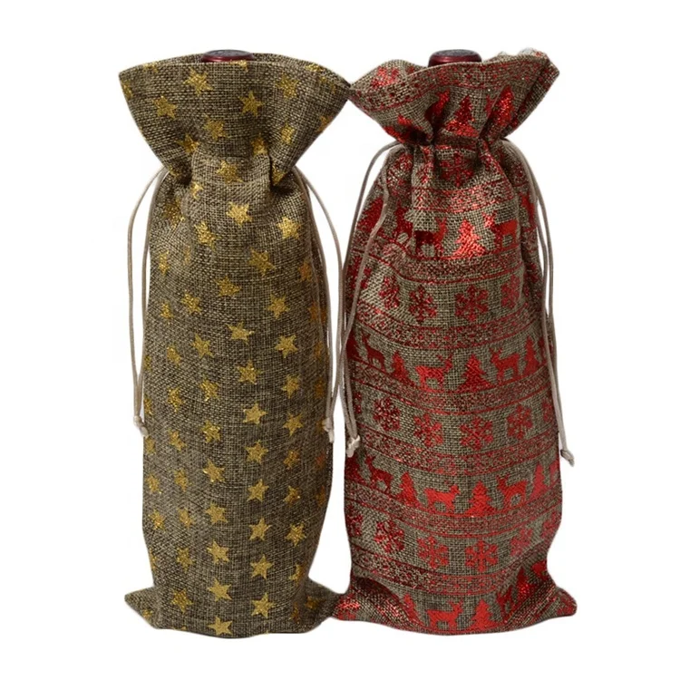 

Wholesale Christmas Jute Wine Bags Drawstring Bottle Covers Burlap Wine Bag PT-027, Star bronzing, elk bronzing, flower bronzing