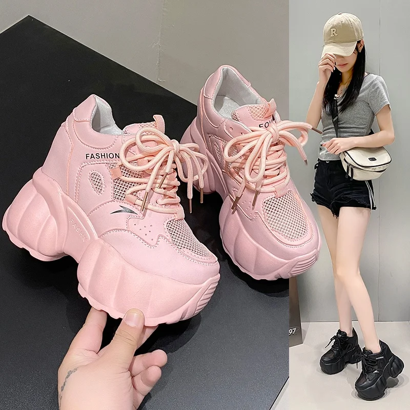 

Women's Pink Chunky Sneakers Breathable Platform Sports Shoes Woman Lace Up Thick Sole Casual Shoes 2023 Zapatillas Mujer