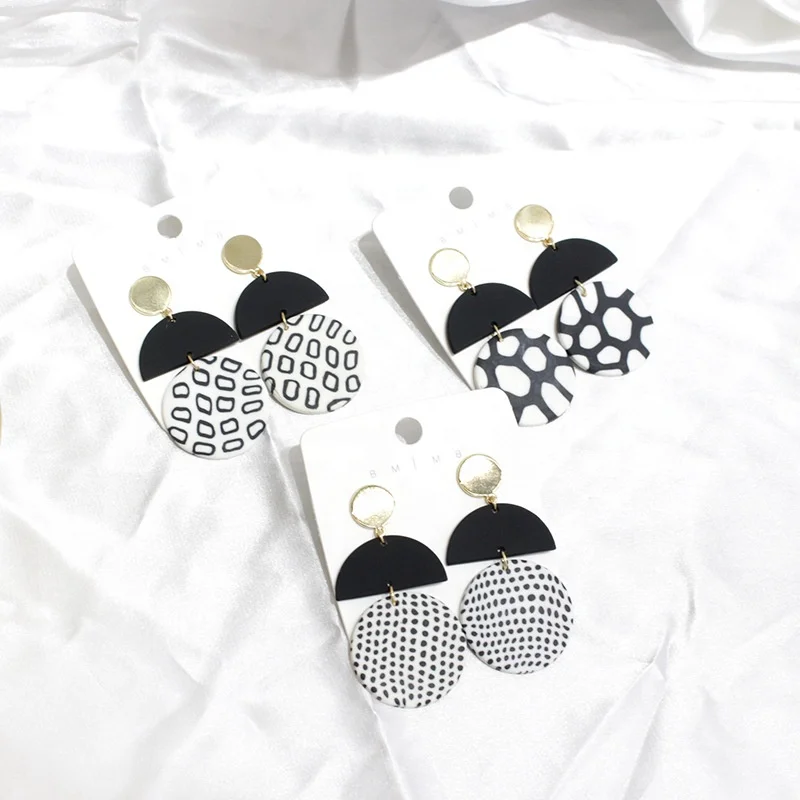 

Big Boho Handmade Vintage Jewelry Poly Clay Long Drop Earrings Black White Gold Charm Round Half Moon Polymer Clay Earrings
