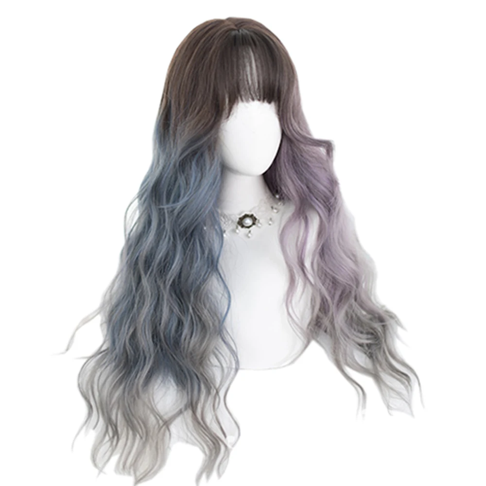 

Brown Gradient Gray Blue Purple Gray Long Wavy Hair Wig Synthetic Lolita Fluffy Grooming Face Harajuku Girls Cosplay Wigs, Pic showed