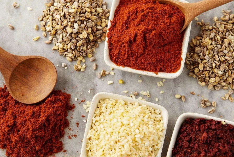 Spices arranged neatly on counter