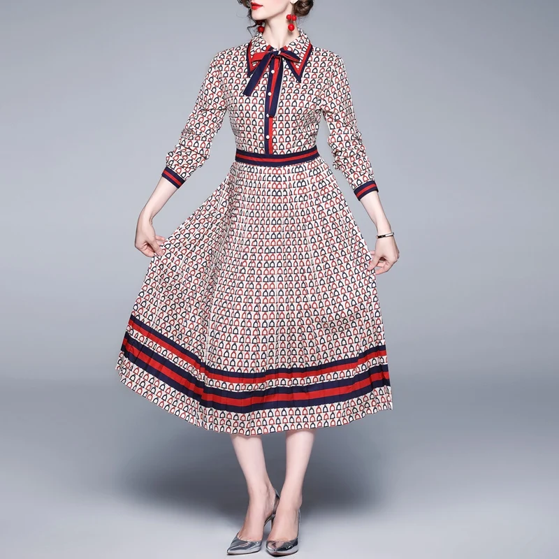 

Latest Design Summer Casual Fashion Clothes Stand Collar Long Sleeve Collect Waist Women Slim Chiffon Polka Dotted Print Dress, Picture color