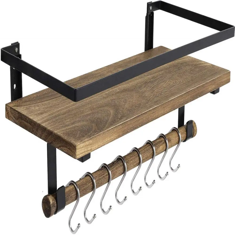 

Floating Shelf Wall Mounted, Rustic Wood Shelf for Bathroom Kitchen, Decor Storage Shelf with 8 Removable Hooks and Towel Bar