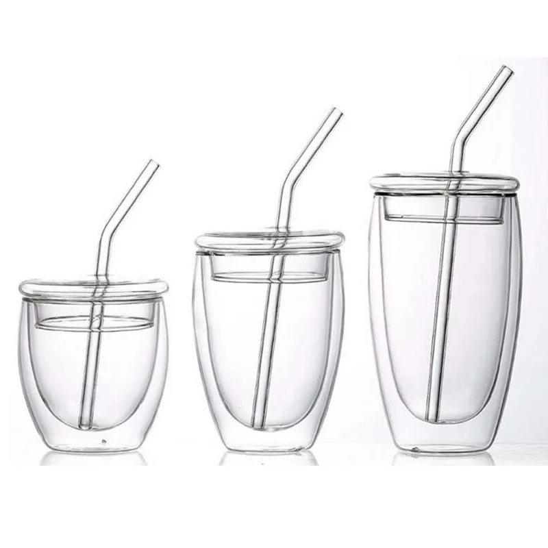 

Hot product 250ml/350ml/450ml Glass cup double wall with lid straw coffee mug tea cup dring water, Transparent