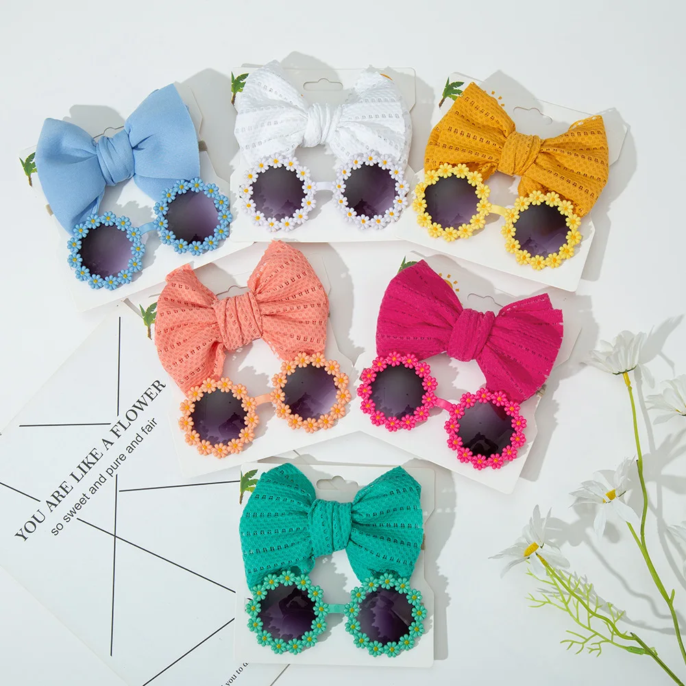 New kids summer sunglasses Flower eyeglass with headbands set kid sunglasses nylon headbands bows gifts