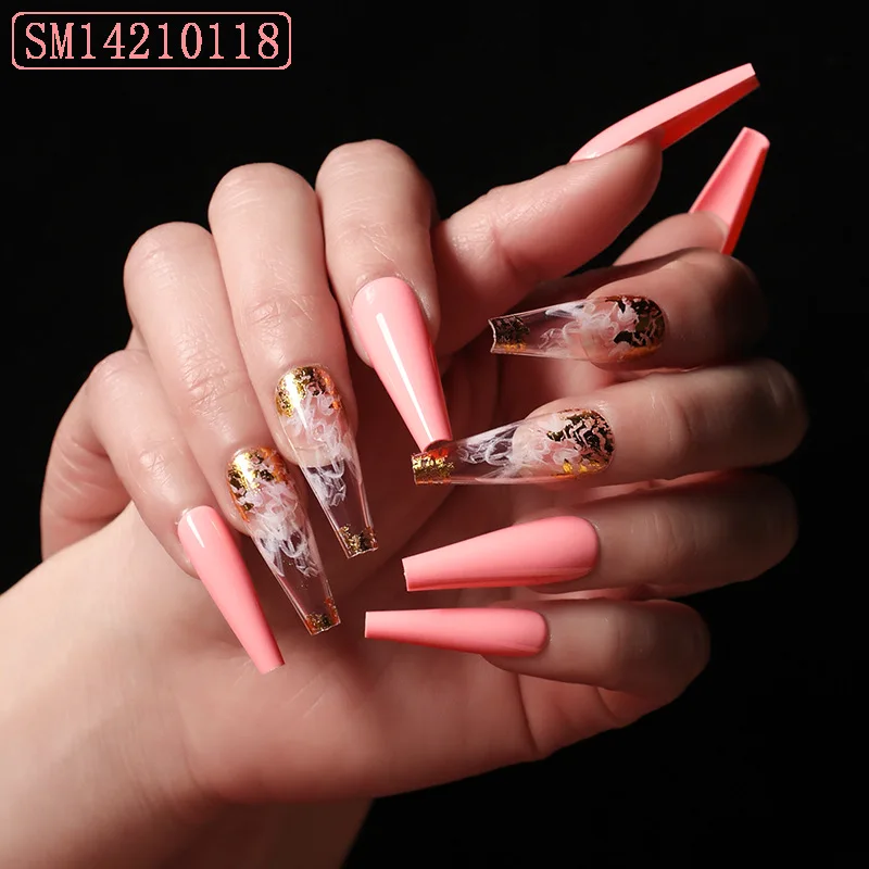 

Artistic pink smoke pattern long coffin shaped press on nails french press on nails ballerina press on nails